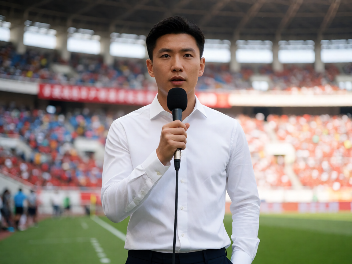 体育记者赛场边报道赛事新闻的场景